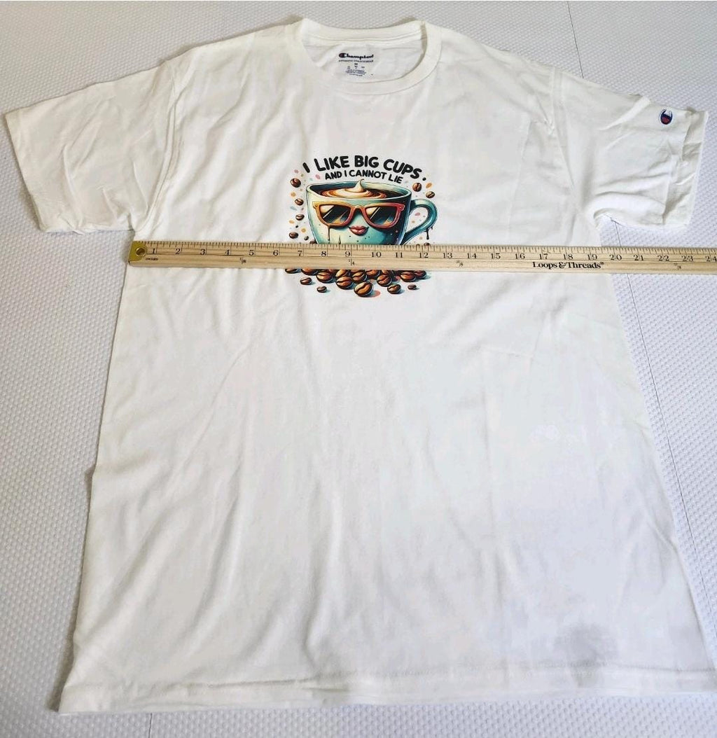 Funny coffee themed tee White with Teal Coffee Cup  Size M Regular Fit
