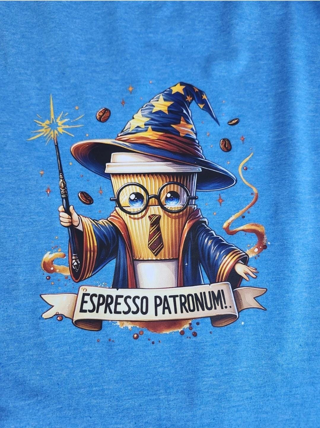 Wizard Coffee Cup Graphic Tee – Espresso Patronum Blue Short-Sleeve Shirt (Size L)