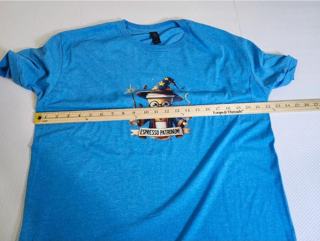 Wizard Coffee Cup Graphic Tee – Espresso Patronum Blue Short-Sleeve Shirt (Size L)