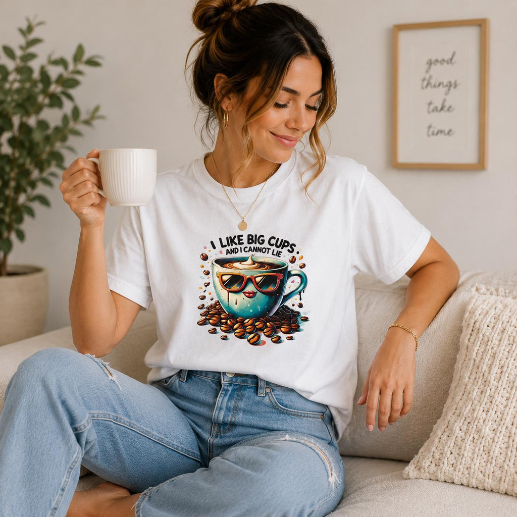Funny coffee themed tee White with Teal Coffee Cup  Size M Regular Fit