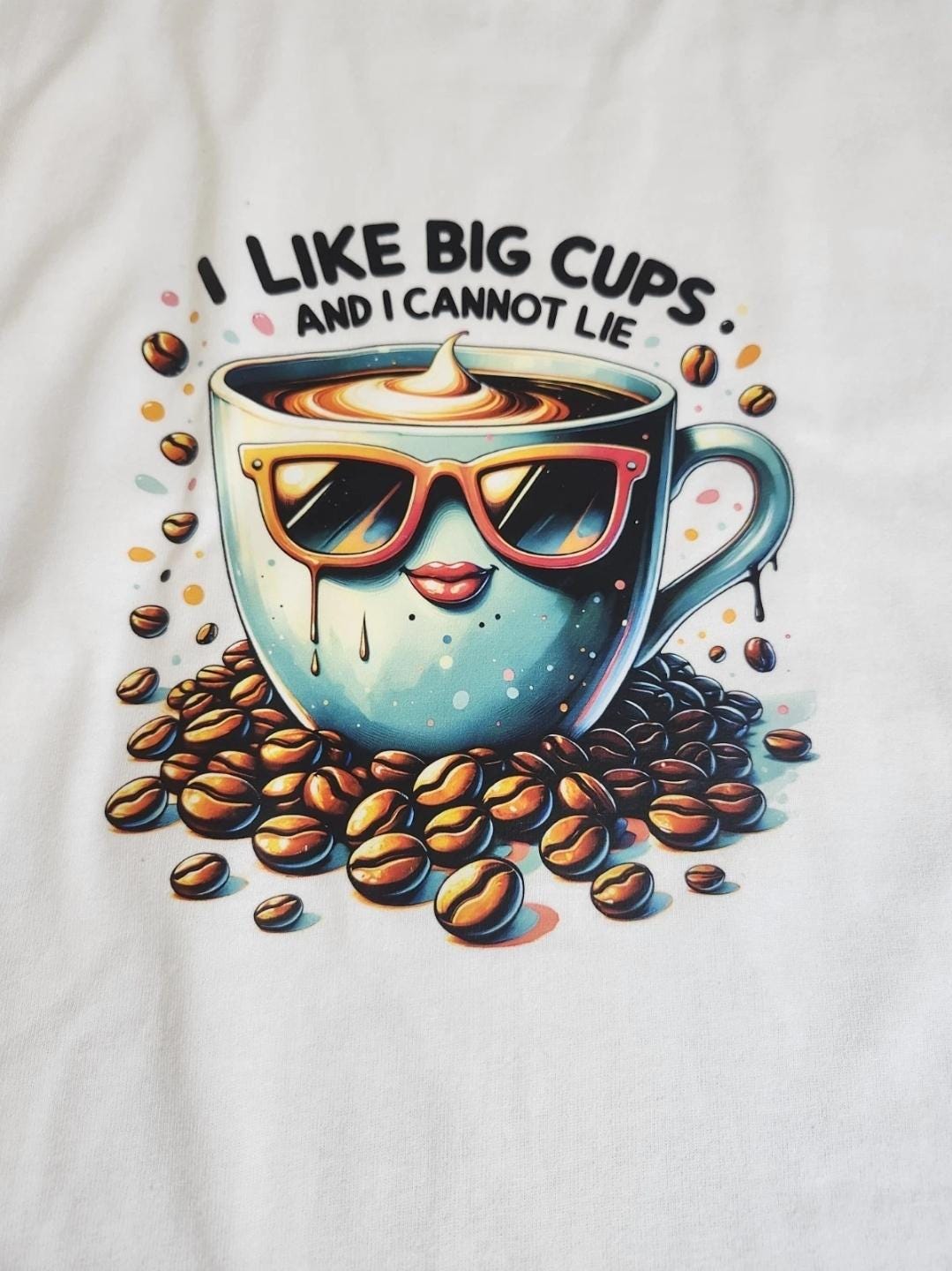 Funny coffee themed tee White with Teal Coffee Cup  Size M Regular Fit