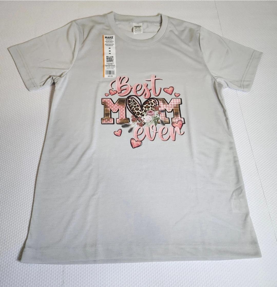 Light Gray "BestMom Ever" Graphic Tee – Pink Lettering, Floral Accents