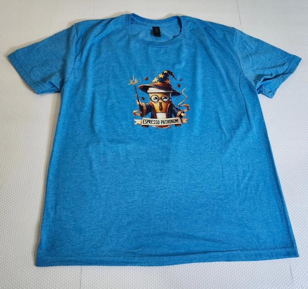 Wizard Coffee Cup Graphic Tee – Espresso Patronum Blue Short-Sleeve Shirt (Size L)