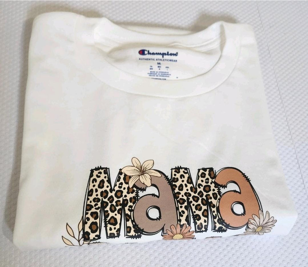 White Floral Leopard Mama Graphic T-Shirt | Champion Relaxed Fit Mom Tee