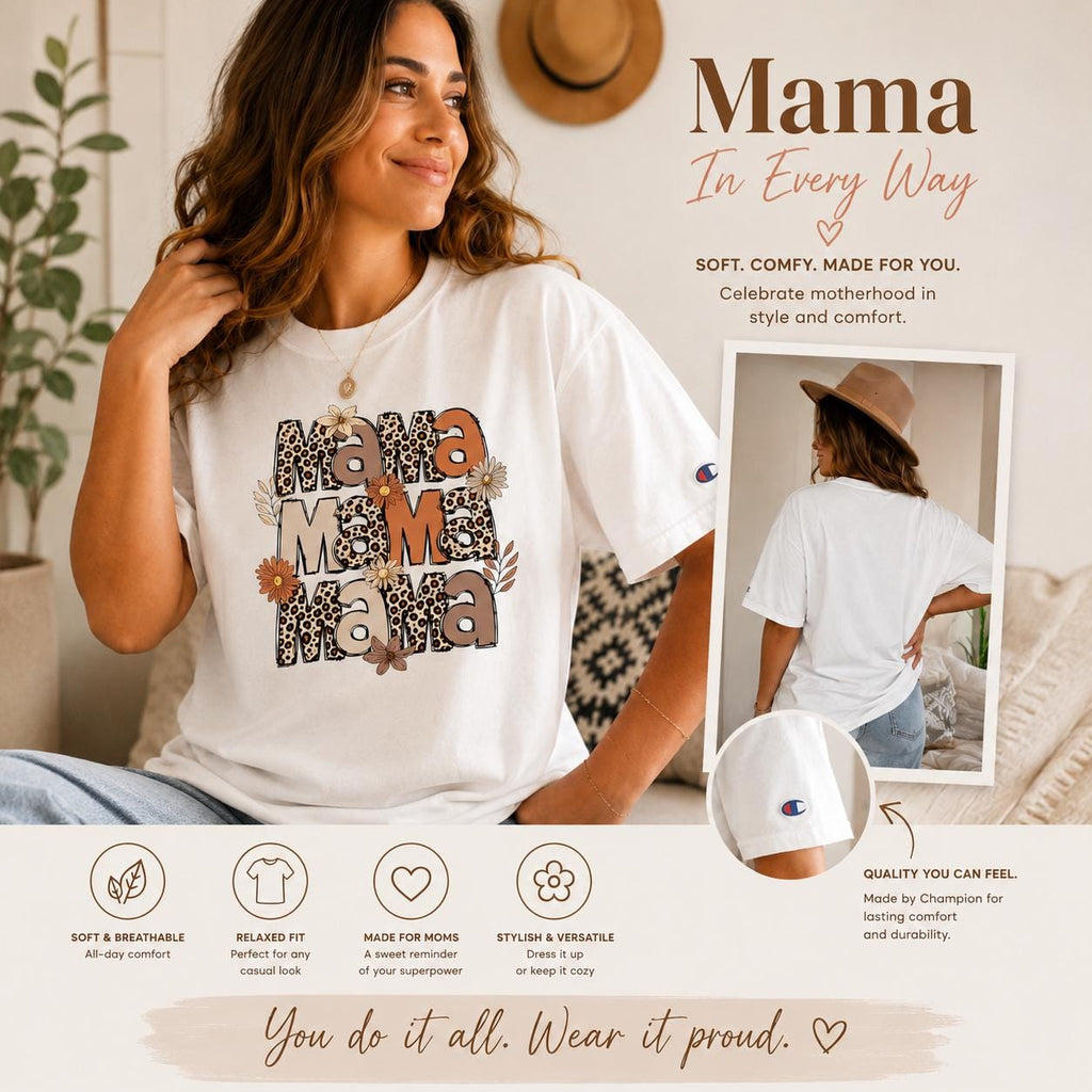 White Floral Leopard Mama Graphic T-Shirt | Champion Relaxed Fit Mom Tee