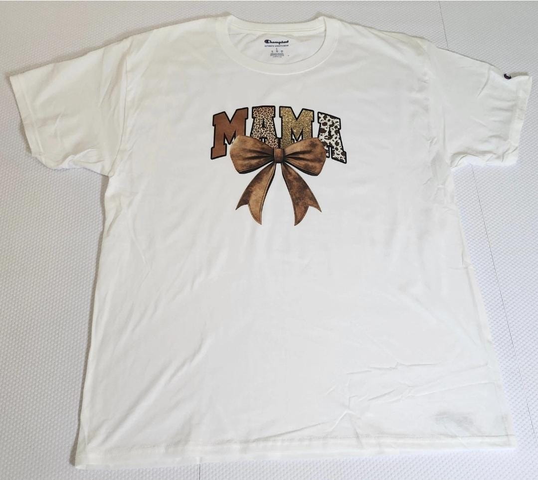 MAMA Leopard Print Bow Graphic Tee, Women's Size Large Regular Fit