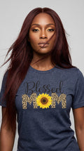 Floral, sunflower 'Blessed MOM' Tee in Navy Heather color