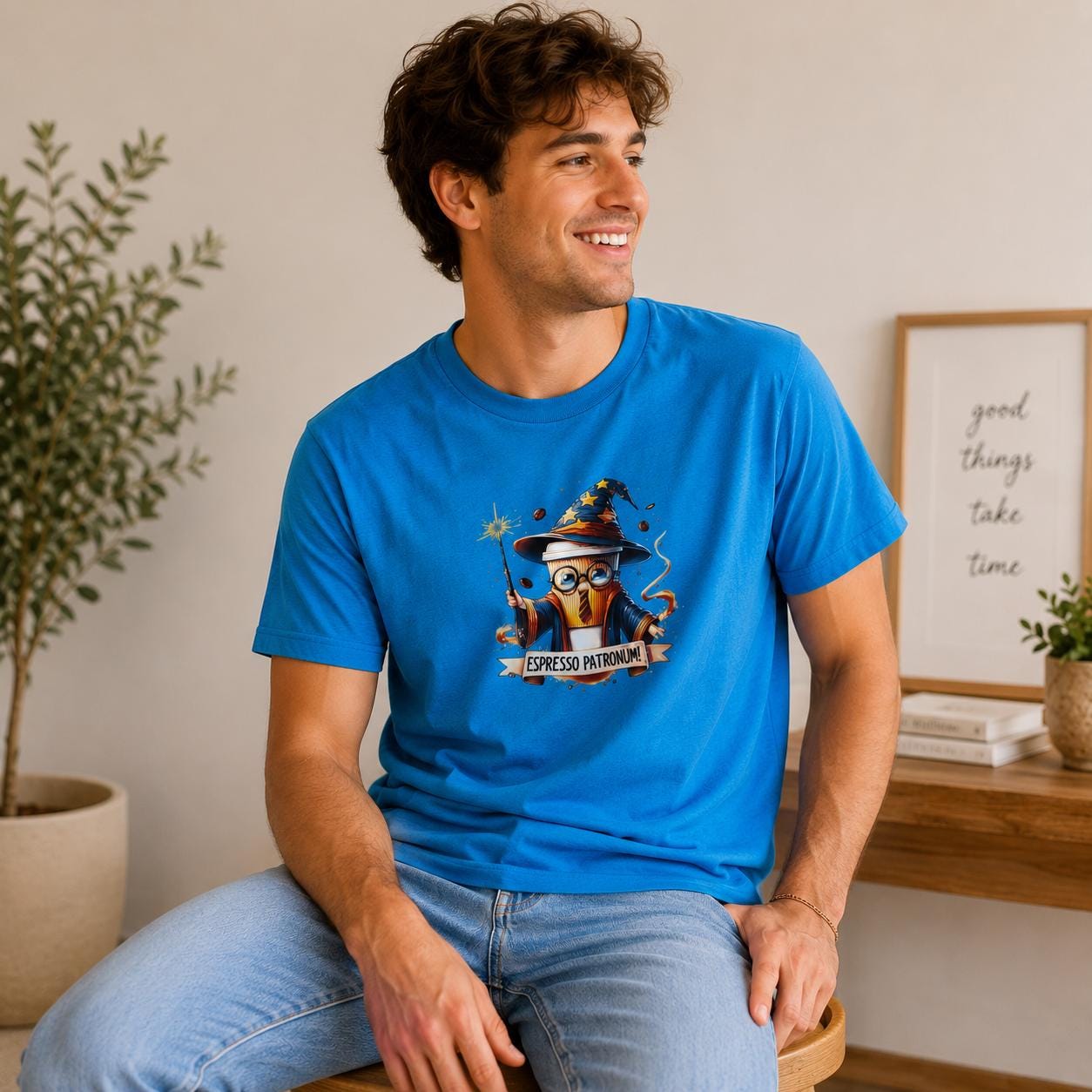 Wizard Coffee Cup Graphic Tee – Espresso Patronum Blue Short-Sleeve Shirt (Size L)