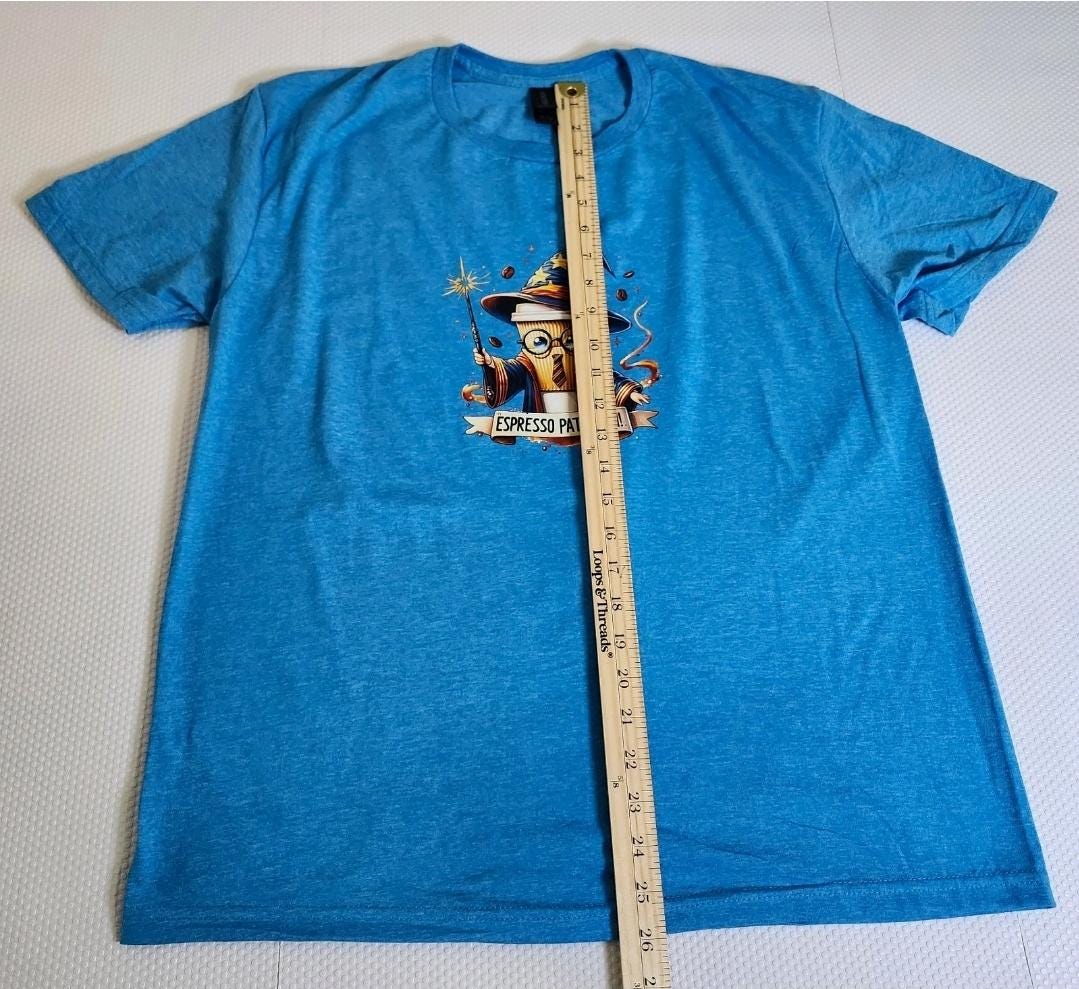 Wizard Coffee Cup Graphic Tee – Espresso Patronum Blue Short-Sleeve Shirt (Size L)