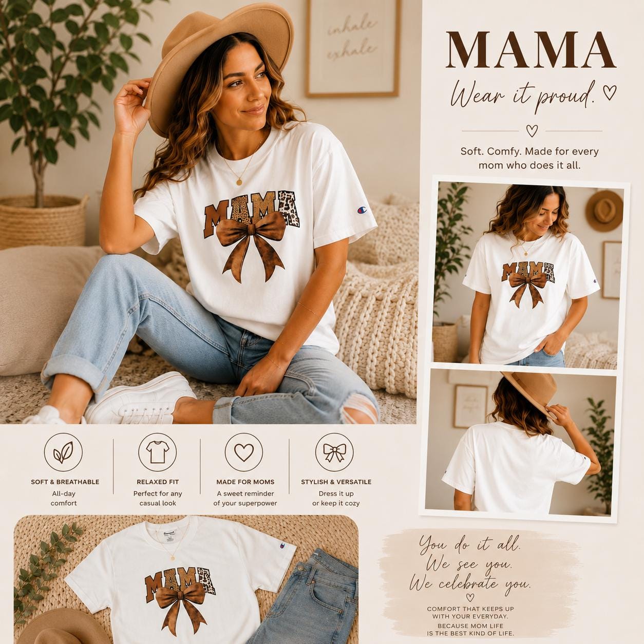 MAMA Leopard Print Bow Graphic Tee, Women's Size Large Regular Fit