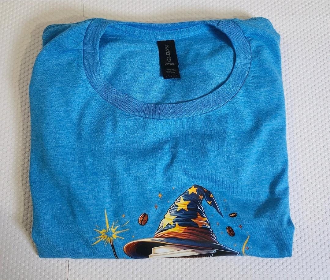 Wizard Coffee Cup Graphic Tee – Espresso Patronum Blue Short-Sleeve Shirt (Size L)
