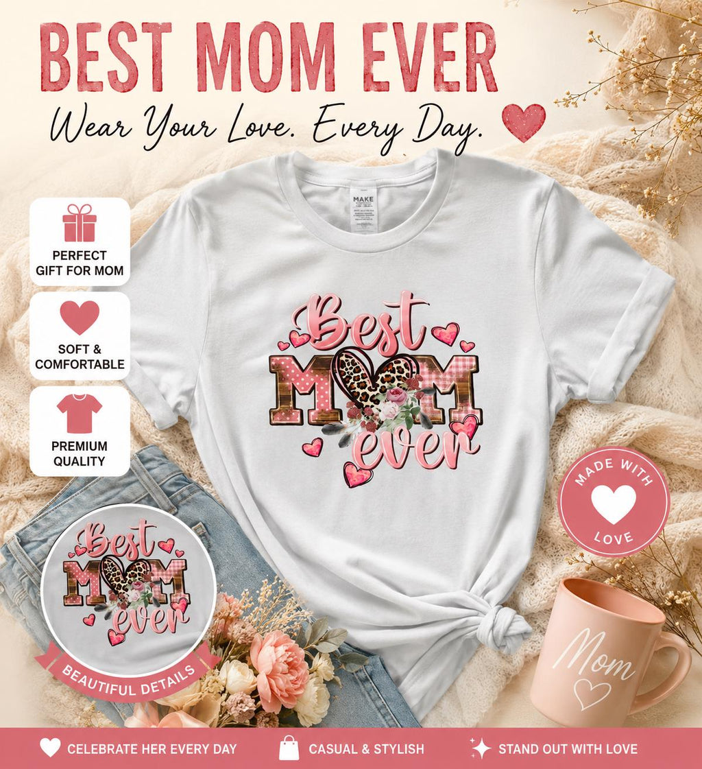 Light Gray "BestMom Ever" Graphic Tee – Pink Lettering, Floral Accents