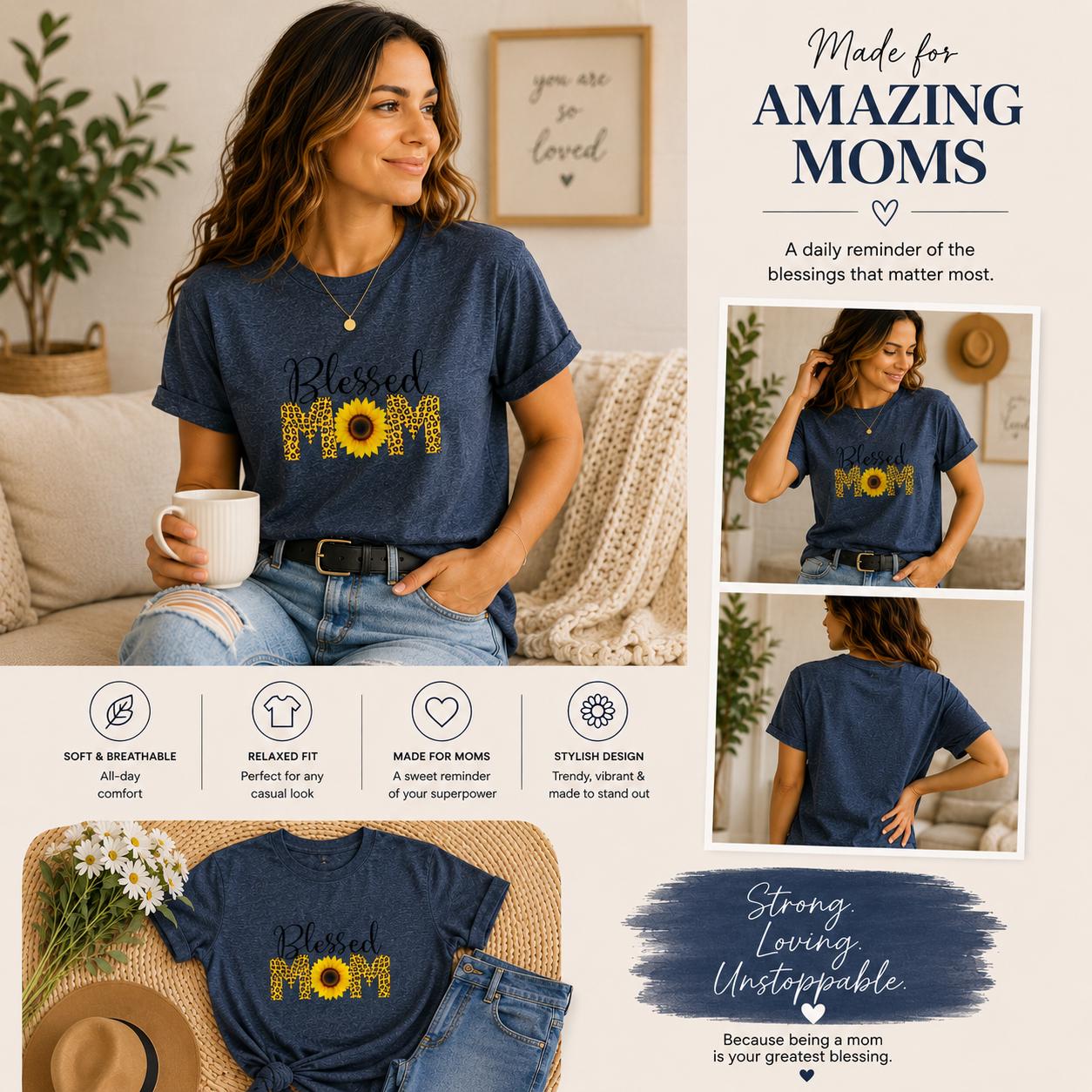Floral, sunflower 'Blessed MOM' Tee in Navy Heather color