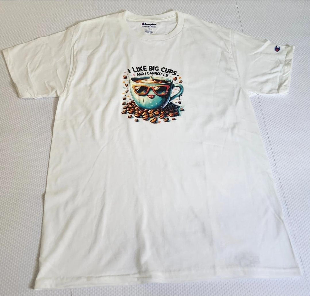 Funny coffee themed tee White with Teal Coffee Cup  Size M Regular Fit