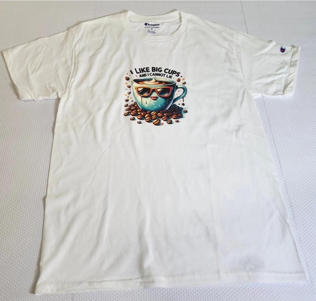 Funny coffee themed tee White with Teal Coffee Cup  Size M Regular Fit