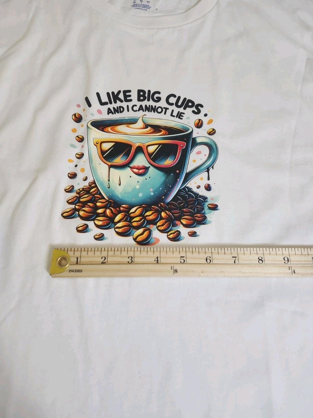 Funny coffee themed tee White with Teal Coffee Cup  Size M Regular Fit