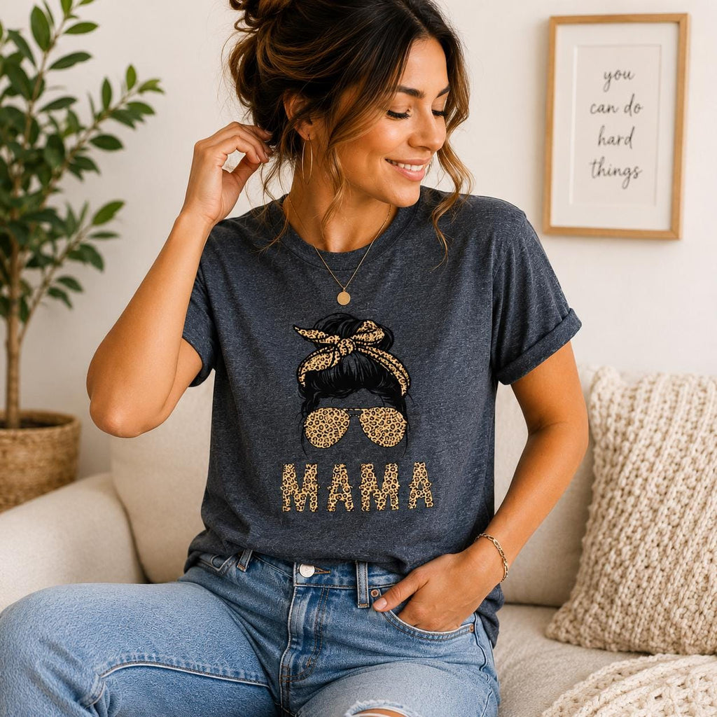 Mama Leopard Sunglasses Messy Bun Graphic Tee – Heather Gray Crewneck Small