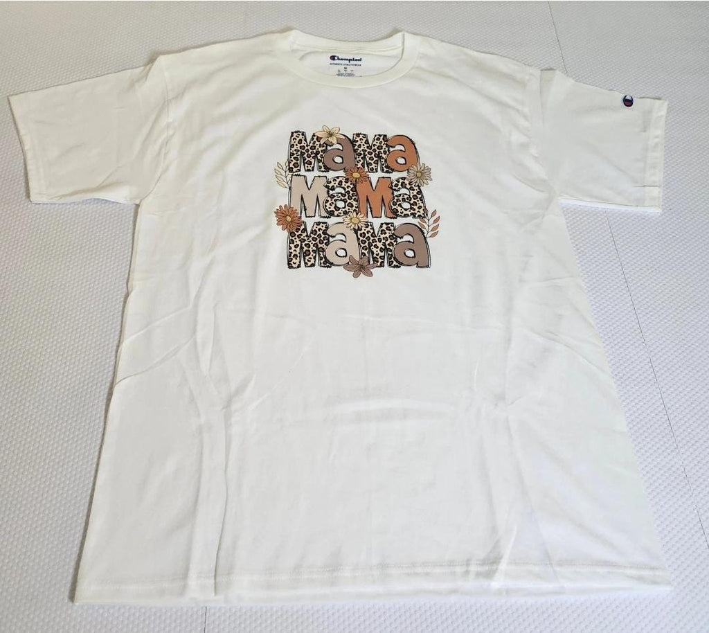 White Floral Leopard Mama Graphic T-Shirt | Champion Relaxed Fit Mom Tee