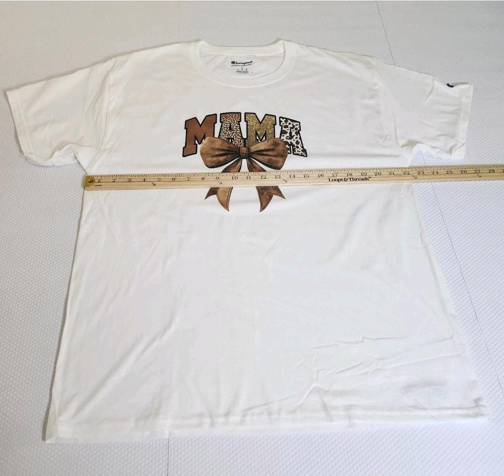 MAMA Leopard Print Bow Graphic Tee, Women's Size Large Regular Fit