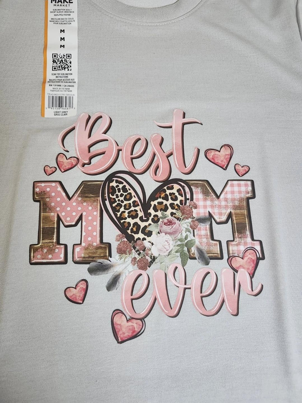 Light Gray "BestMom Ever" Graphic Tee – Pink Lettering, Floral Accents